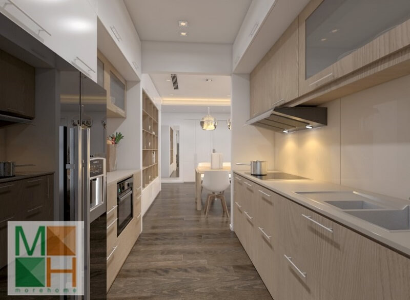 Thiết kế phòng bếp chung cư đẹp với hệ tủ bếp gỗ công nghiệp hiện đại,thông minh Thiết kế phòng bếp, tủ bếp đẹp
