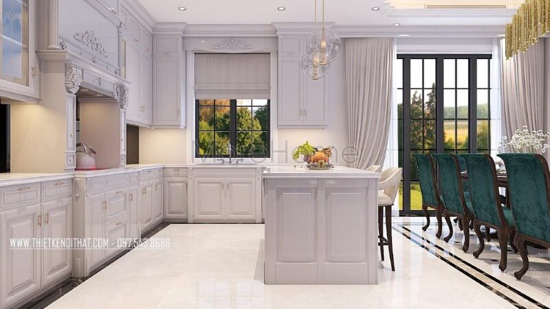 Trang trí nội thất phòng bếp gỗ sồi phun sơn ấn tượng với tone màu trắng tinh khôi, không hề mang đến cảm giác nhàm chán mà thay vào đó là sự sang trọng và hào nhoáng Thiết kế phòng bếp, tủ bếp đẹp